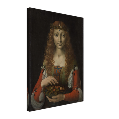 A young woman with long curls and a leafy crown holds a bowl of fruit against a dark background.