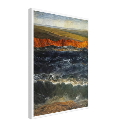 A powerful scene of crashing waves against a rocky coastline with orange cliffs and open fields in the background.