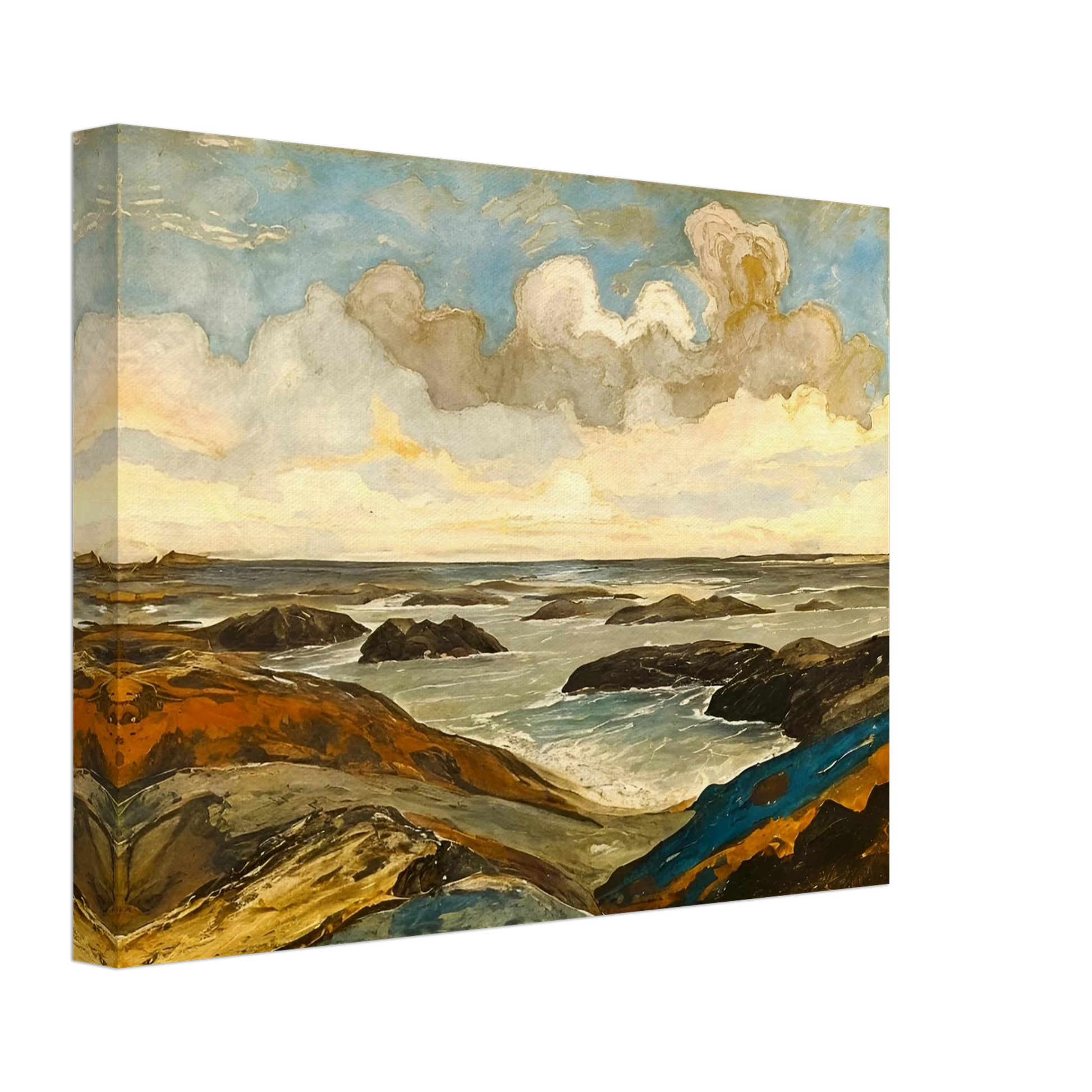 Rocky seashore with dark stones and rolling waves beneath a dramatic sky of shifting clouds and golden sunlight.