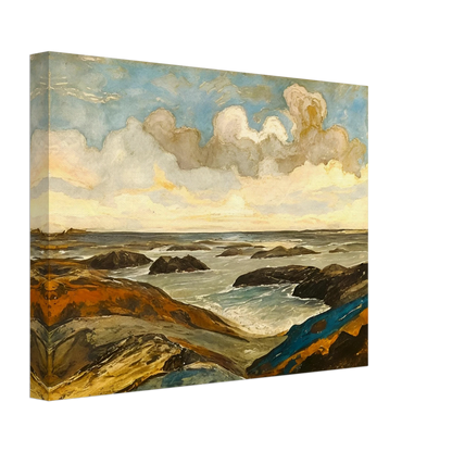 Rocky seashore with dark stones and rolling waves beneath a dramatic sky of shifting clouds and golden sunlight.