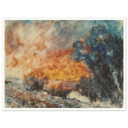 Dramatic fiery landscape with blazing orange sky, smoky blue shadows, and dark textured trees engulfed in an atmospheric glow.