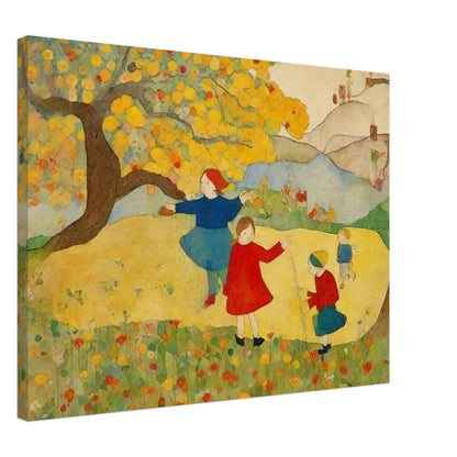 "A whimsical painting of children playing under a tree in a colorful meadow, with vibrant yellow leaves, bright flowers, and rolling hills in the background."