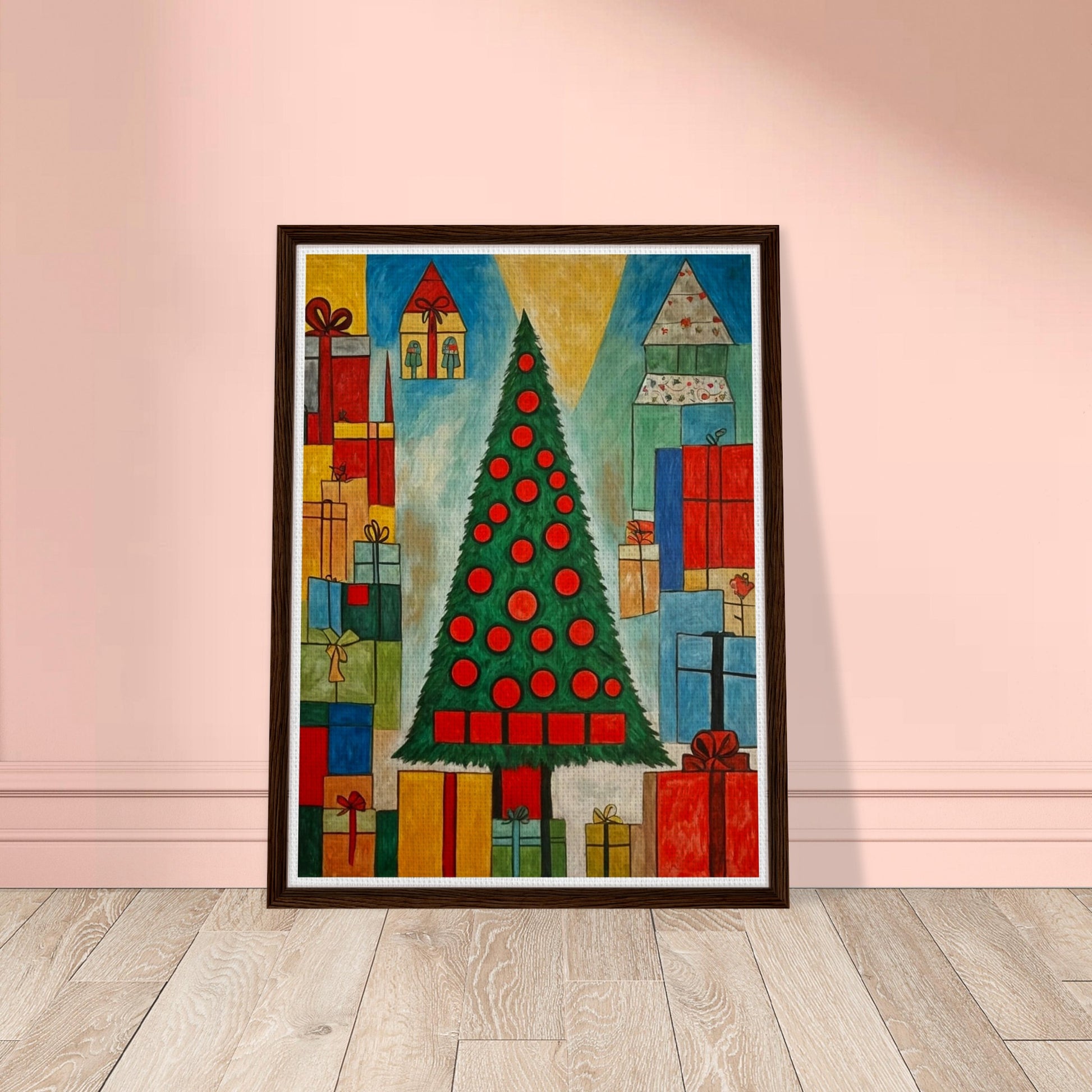 A vibrant Christmas scene featuring a tall tree decorated with red ornaments, surrounded by colorful presents wrapped in various sizes, symbolizing festive cheer.