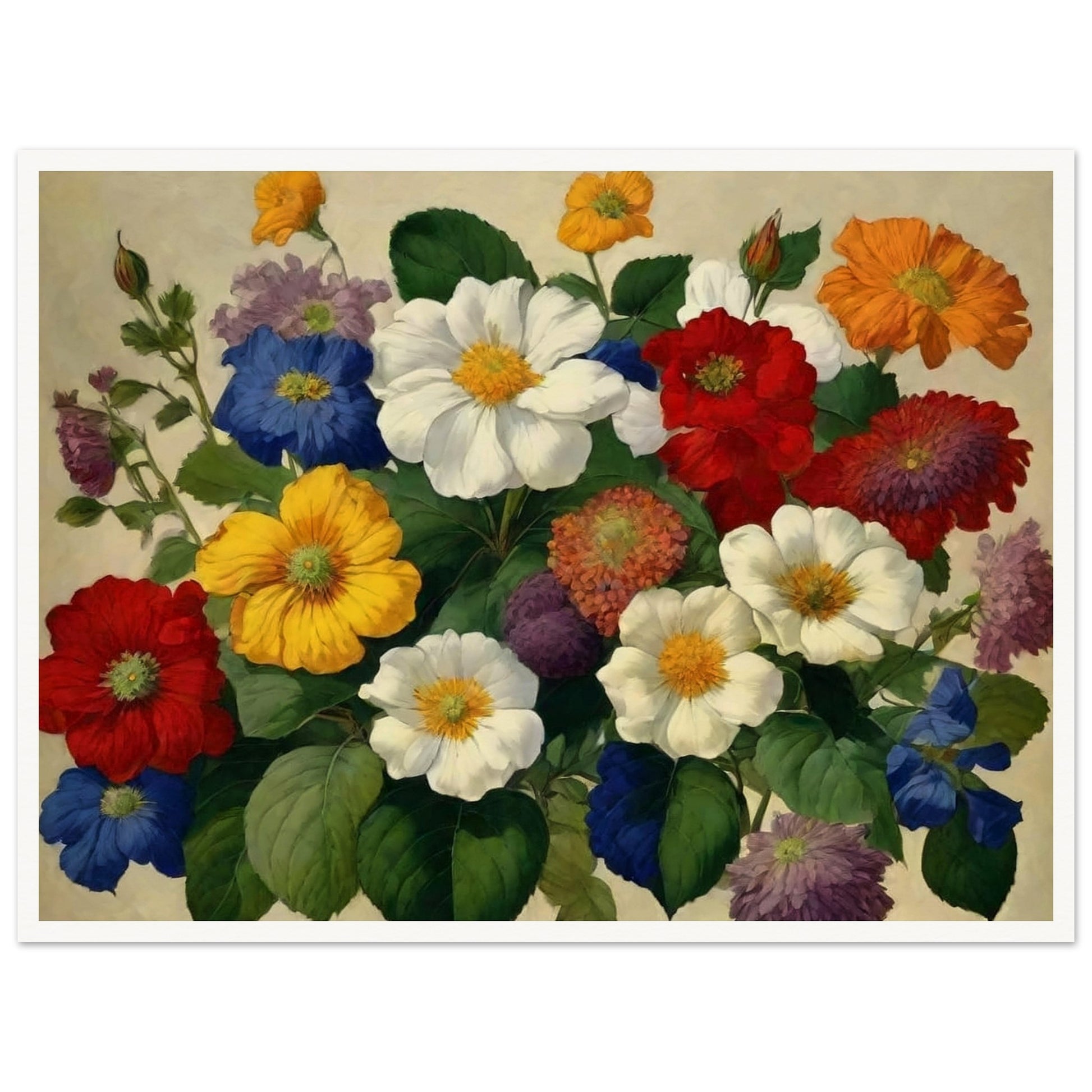 A lush bouquet of multicolored flowers with large, vibrant blooms, set against a soft, neutral background.