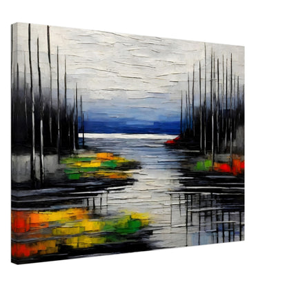 A moody, textured painting of a lake with dark, bare trees reflecting on the water, contrasted by vibrant patches of green, yellow, and red.