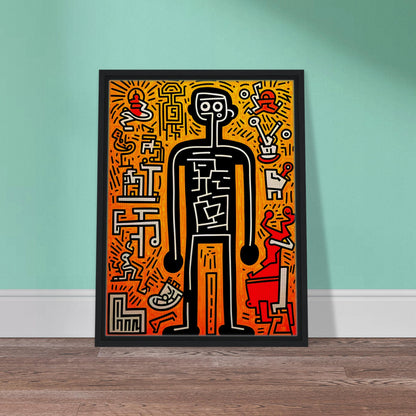 A bold pop-art figure outlined in black, surrounded by abstract symbols and patterns on an energetic orange and red background.