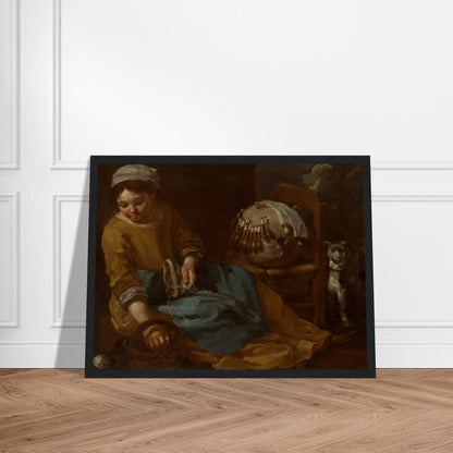 Young lacemaker works beside a chair and watchful cat in a dim interior