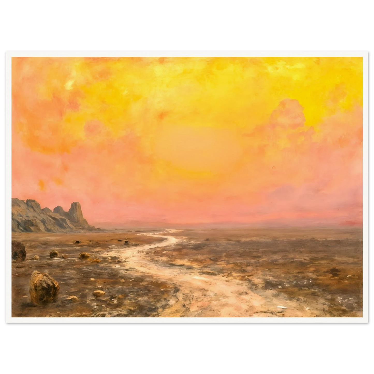 A vast desert plain beneath glowing yellow and pink skies, with a winding pale path leading toward distant rocky formations.