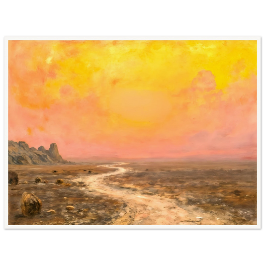 A vast desert plain beneath glowing yellow and pink skies, with a winding pale path leading toward distant rocky formations.