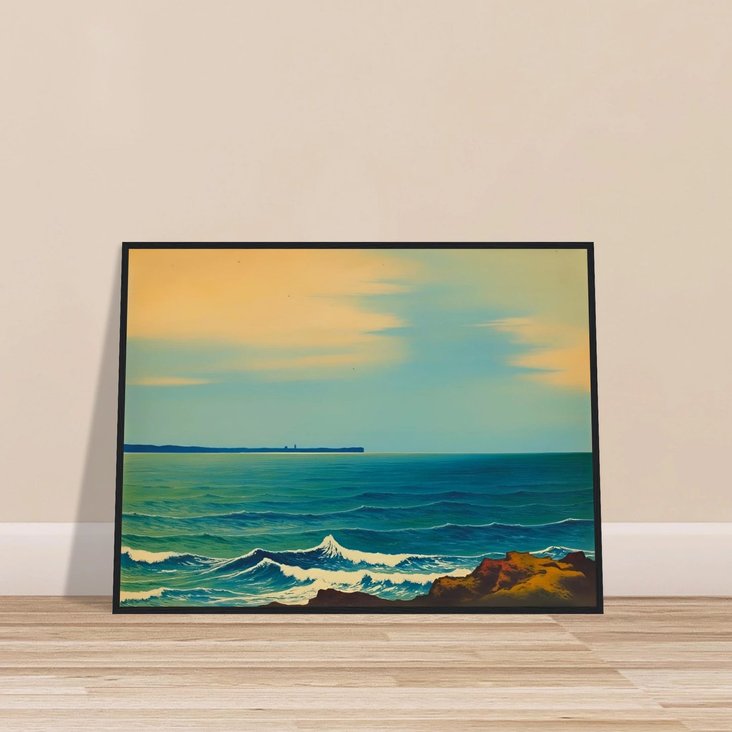 A serene seascape with gentle blue waves and a soft golden sky, capturing the calm rhythm of the ocean at dusk.