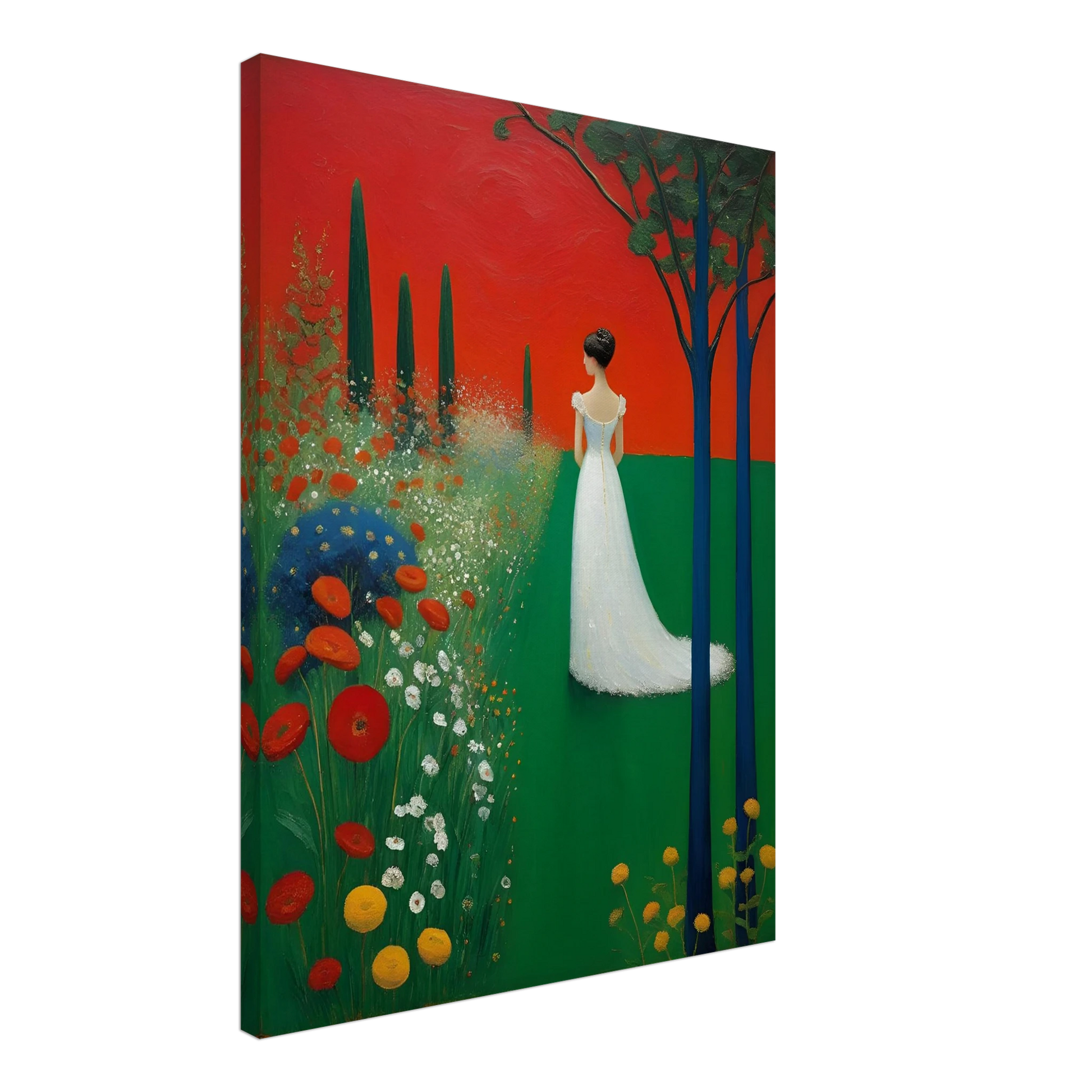 A woman in a white dress stands in a vibrant green field under a deep red sky, framed by dark trees and blooming wildflowers.