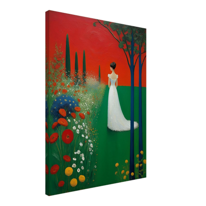 A woman in a white dress stands in a vibrant green field under a deep red sky, framed by dark trees and blooming wildflowers.
