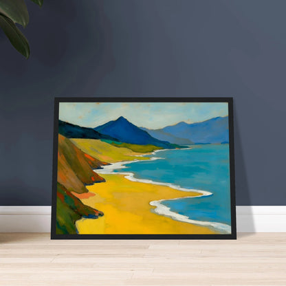 Golden shoreline curves beside turquoise water, green hills, and blue mountains under a pale sky.