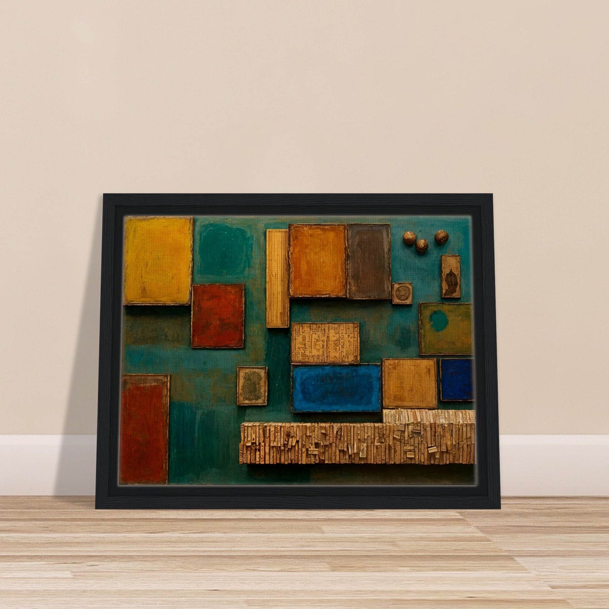 A textured mixed-media artwork with wooden blocks, vintage paper, and rich colors like teal, ochre, and deep red, forming an intricate geometric collage.