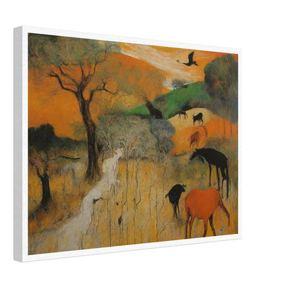 A vivid depiction of various wild animals grazing and roaming in a vibrant, colorful landscape with trees and open fields.