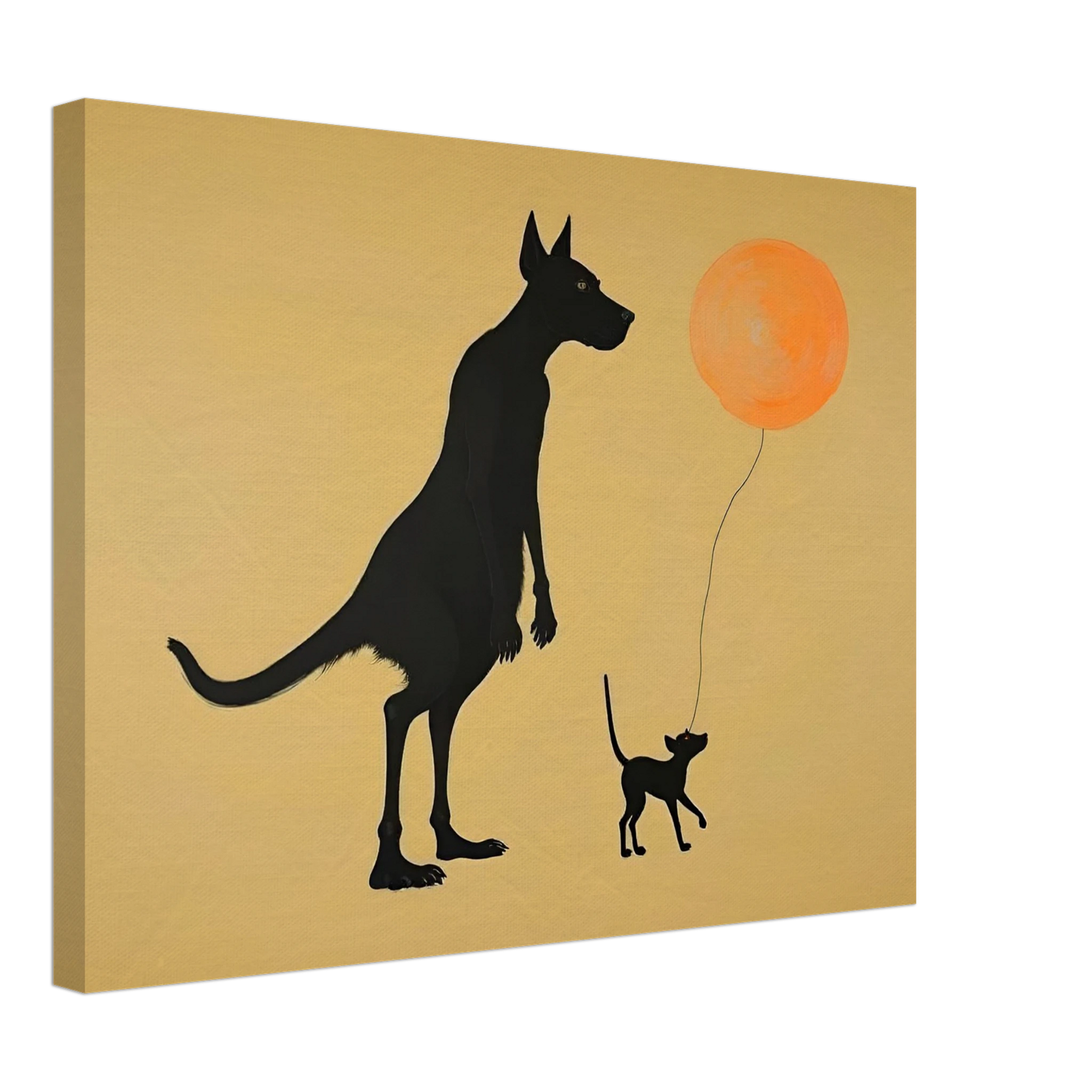 Two silhouetted dogs stand under a soft tan sky, one holding an orange balloon, capturing a playful moment of friendship.