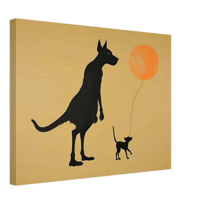 Two silhouetted dogs stand under a soft tan sky, one holding an orange balloon, capturing a playful moment of friendship.
