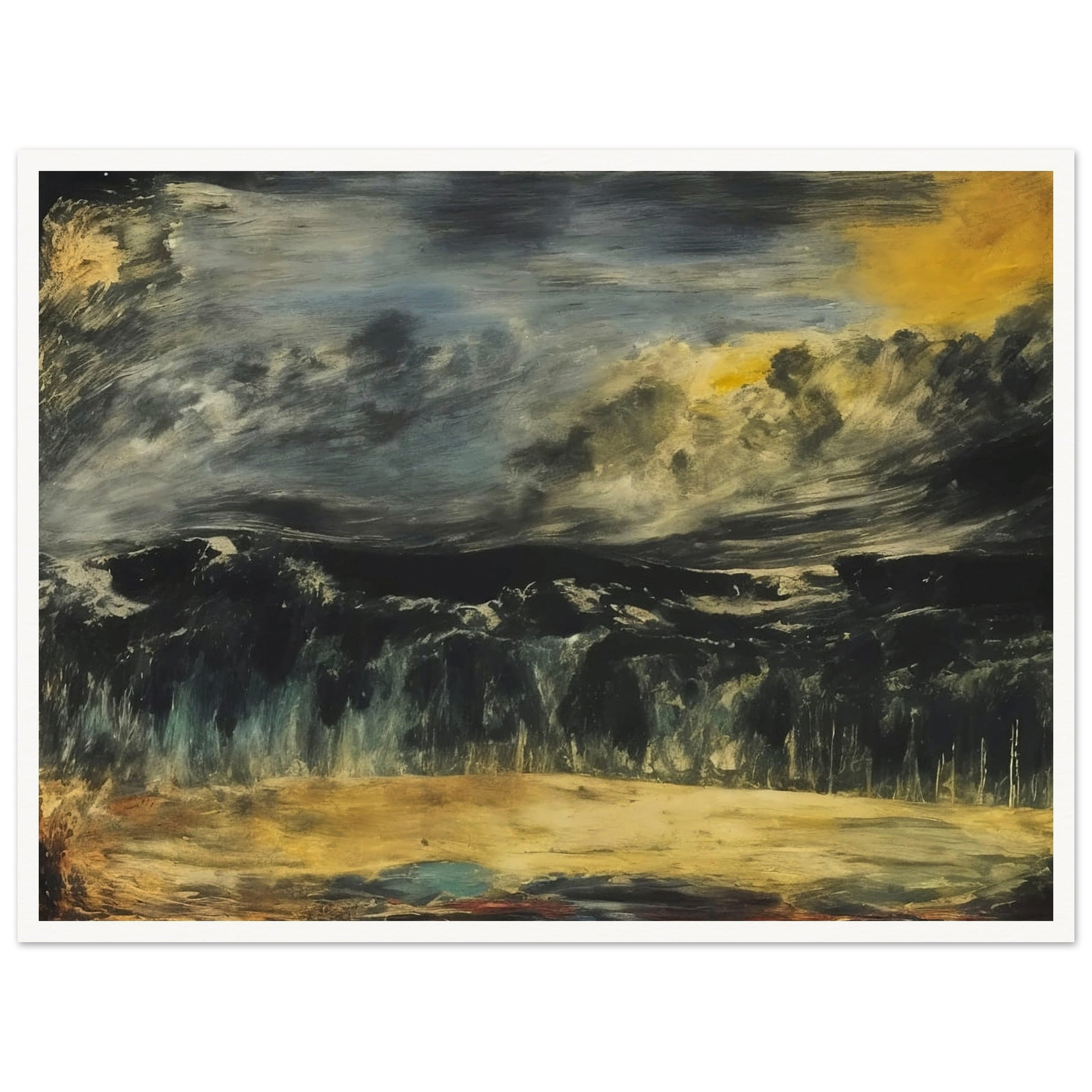 A dramatic landscape painting featuring a stormy sky with dark clouds looming over a distant forest, creating a moody atmosphere.