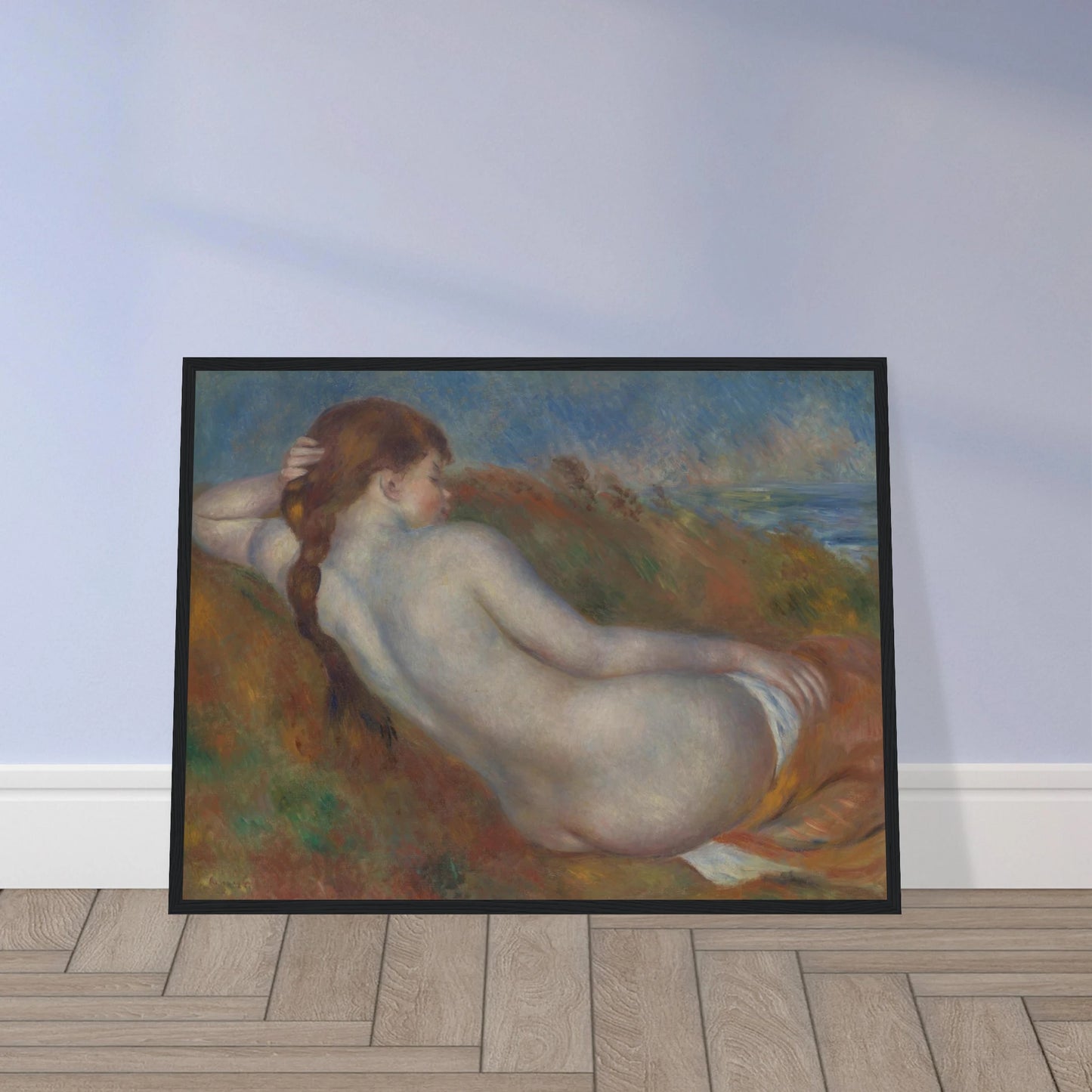 Reclining nude figure with braided hair rests in a soft landscape near the sea