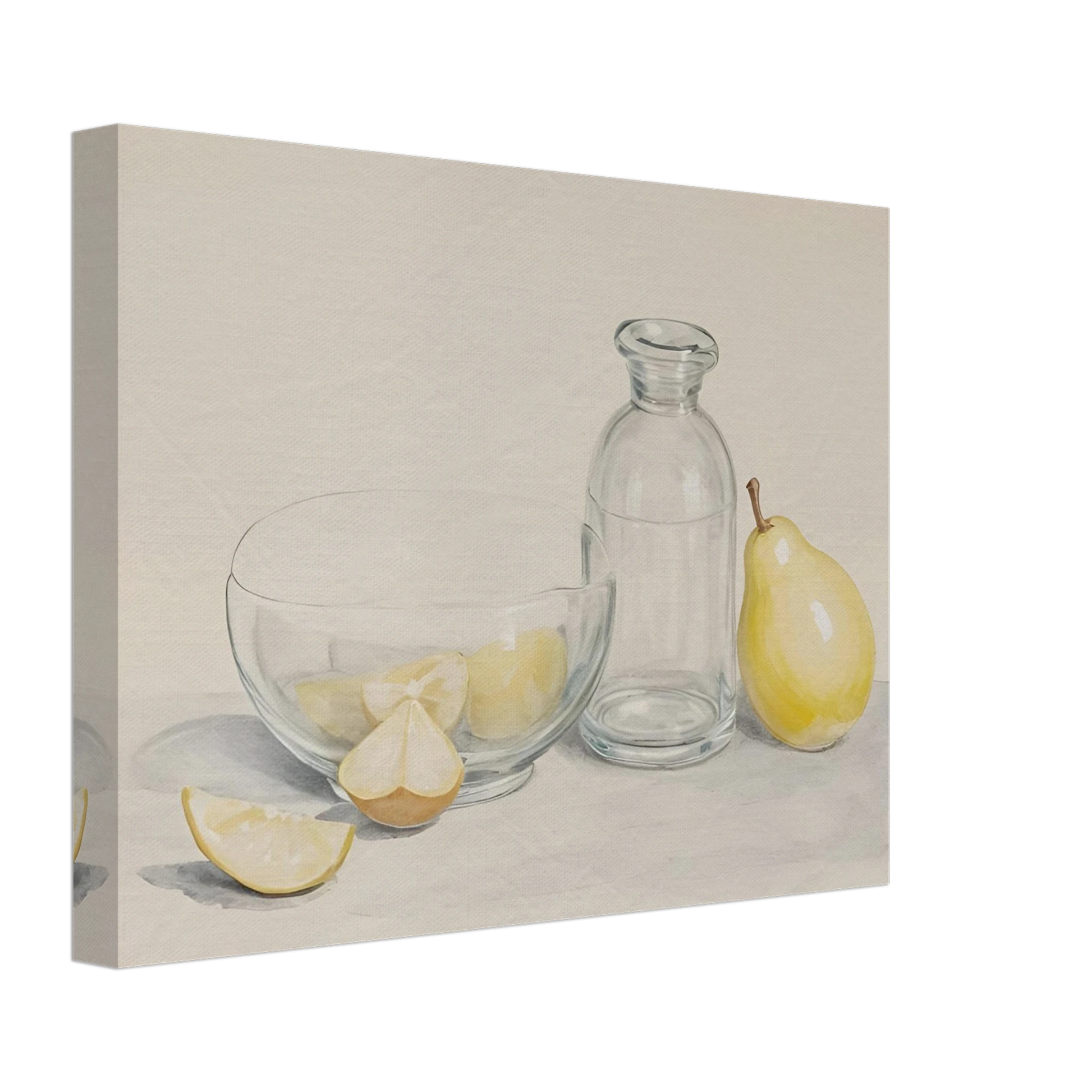 Clear glass bowl with lemon slices, a bottle, and a pear on a light surface in a soft, minimalist still life scene.