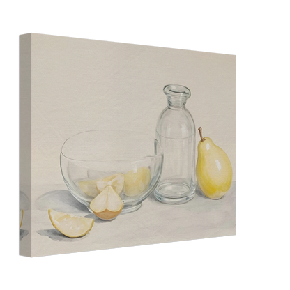 Clear glass bowl with lemon slices, a bottle, and a pear on a light surface in a soft, minimalist still life scene.