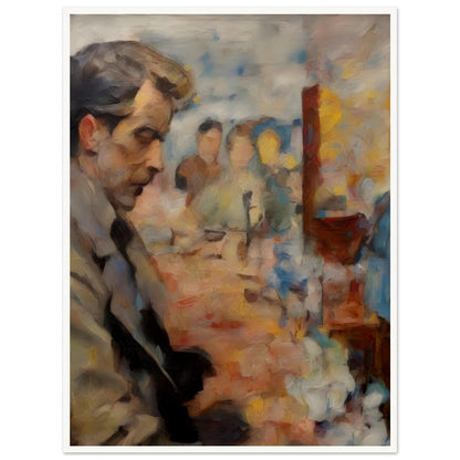 A moody impressionist painting of a man in deep thought, his face partially shadowed, with blurred figures and warm, hazy tones creating an atmospheric scene.