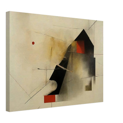 An abstract painting featuring geometric shapes and lines on a light background. A prominent black triangular shape is juxtaposed with red and white rectangles, and thin lines intersect across the canvas, creating a sense of movement and depth.