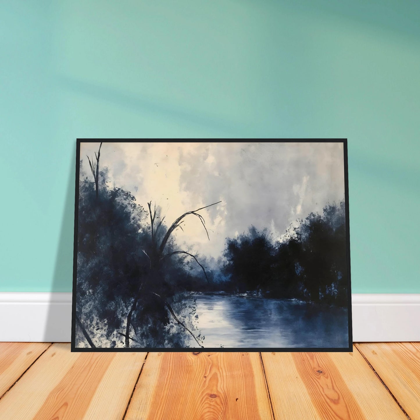Blue river flows between dark trees beneath a pale cloudy sky in a moody woodland scene.