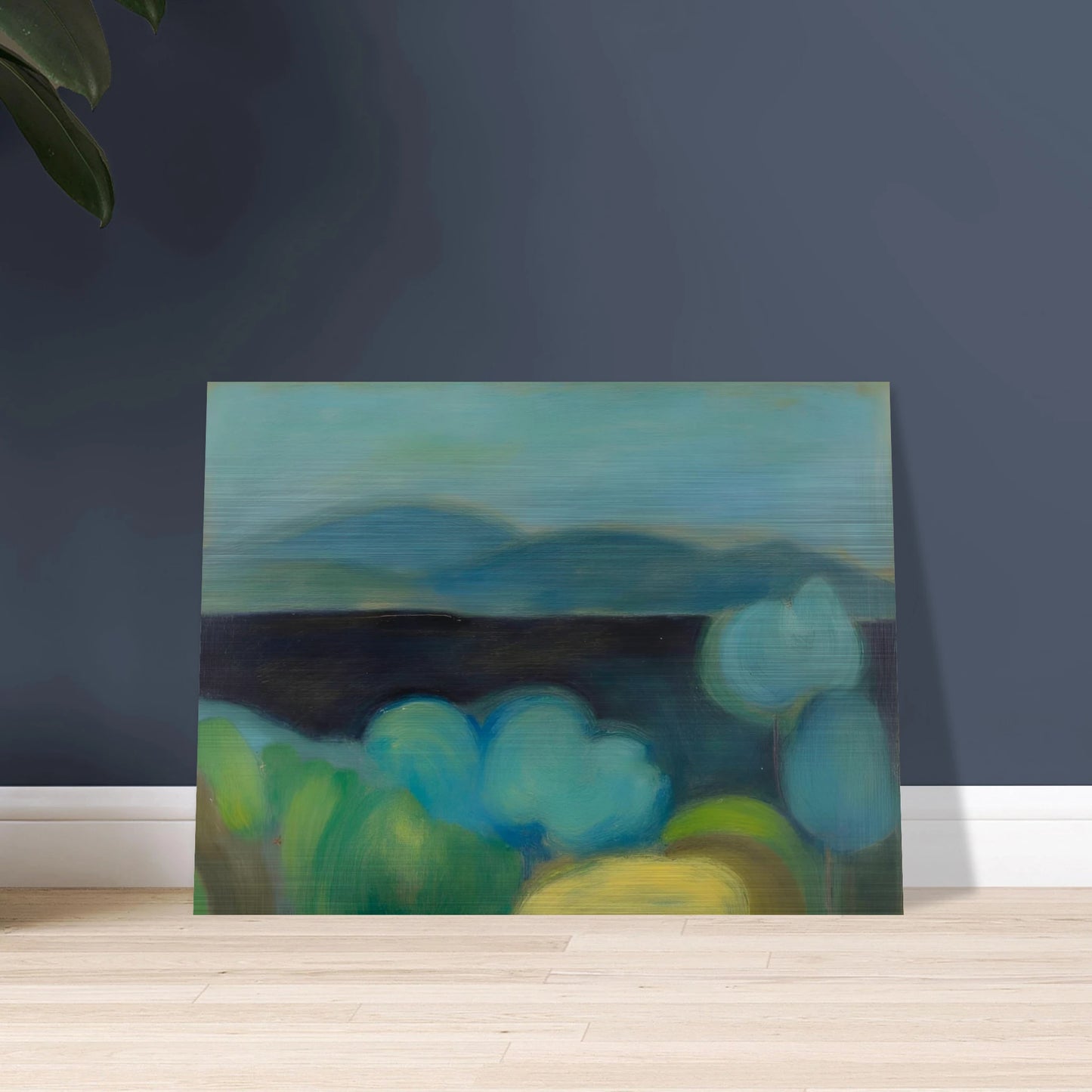 Soft blue hills rise beyond rounded trees and lush fields, creating a tranquil landscape bathed in cool light.