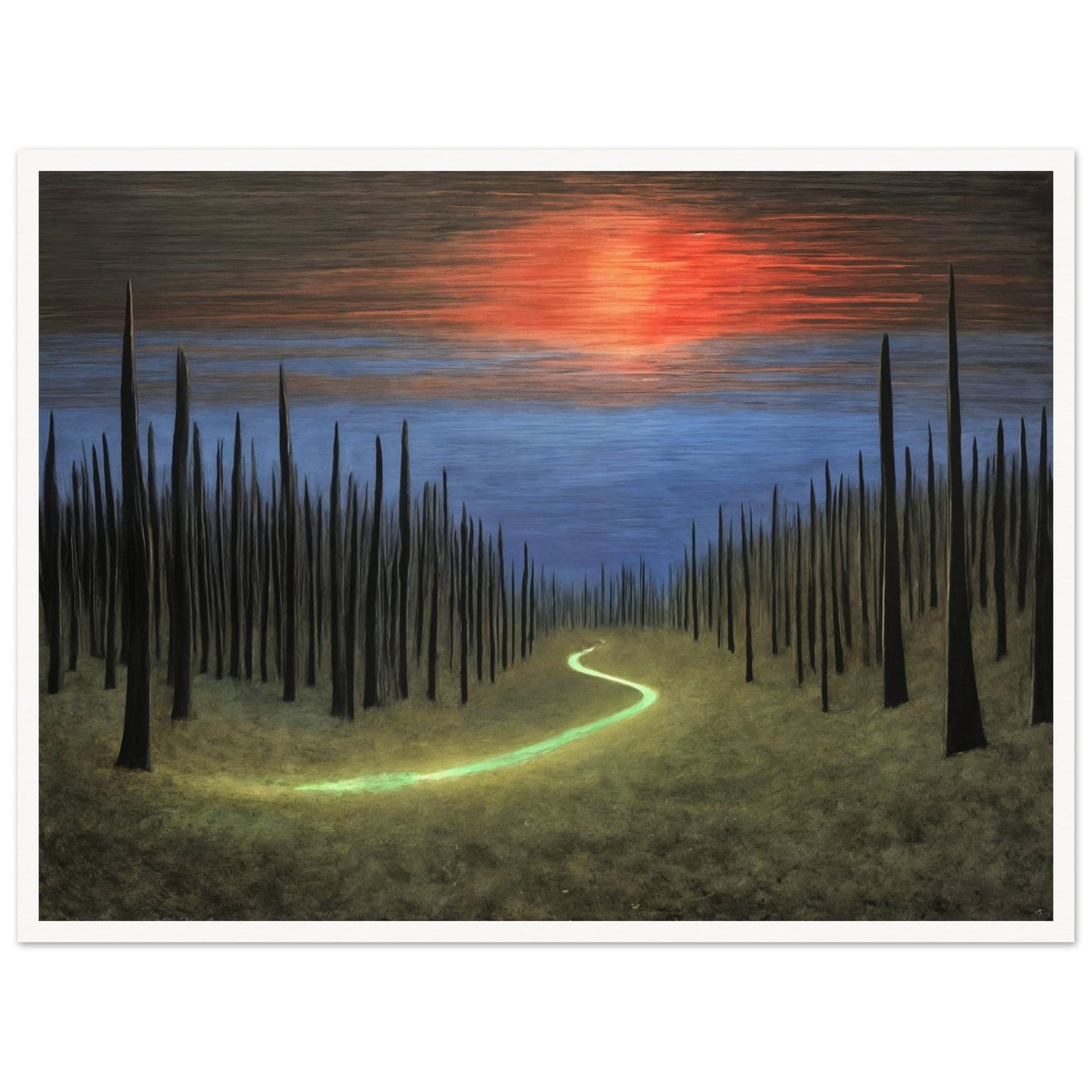 A surreal painting of a glowing green path cutting through a field of tall, dark spires under a vibrant sunset sky.