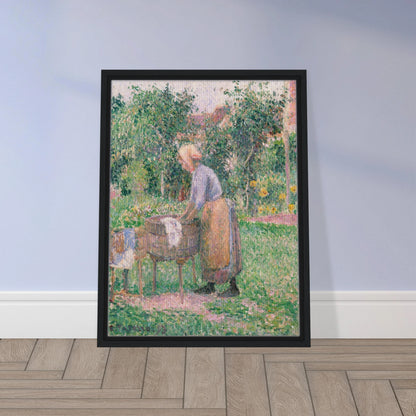 A Pointillist painting of a washerwoman hard at work, scrubbing linens and clothing in one barrel and rinsing them in another. 