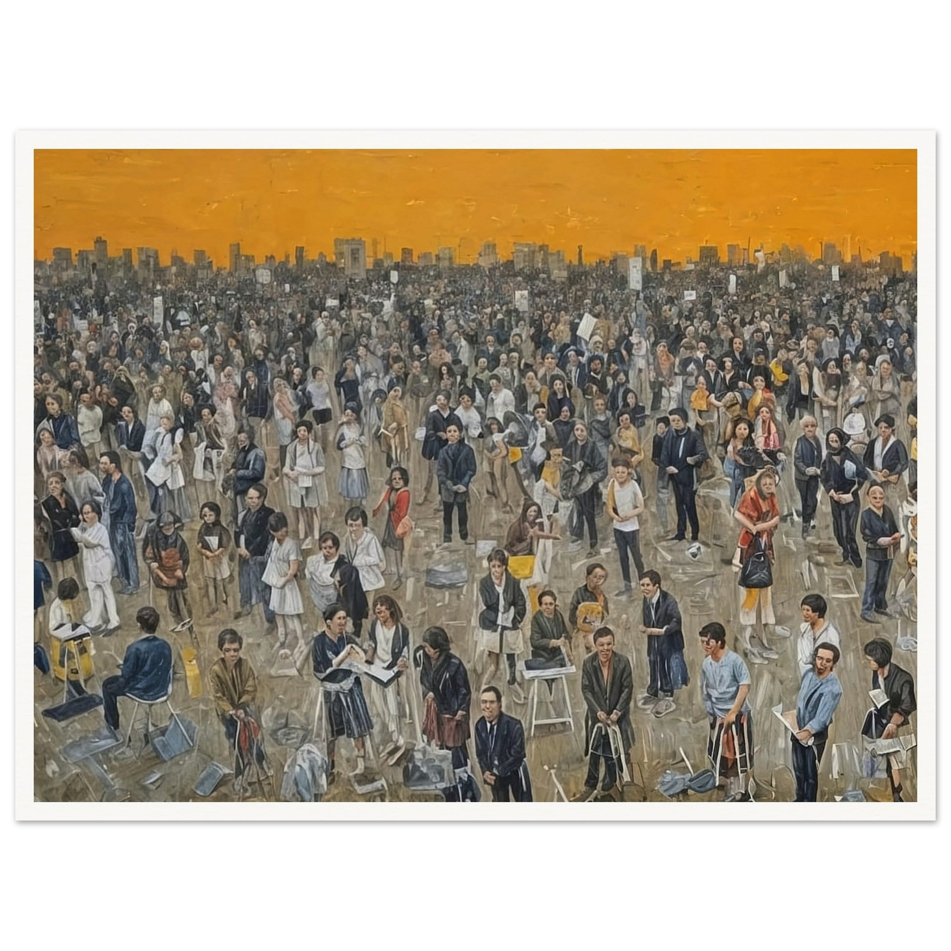 A detailed painting of a large crowd of people gathered in an open space under a vibrant orange sky at sunset. The diverse crowd features individuals engaged in various activities, with the city skyline visible in the background.