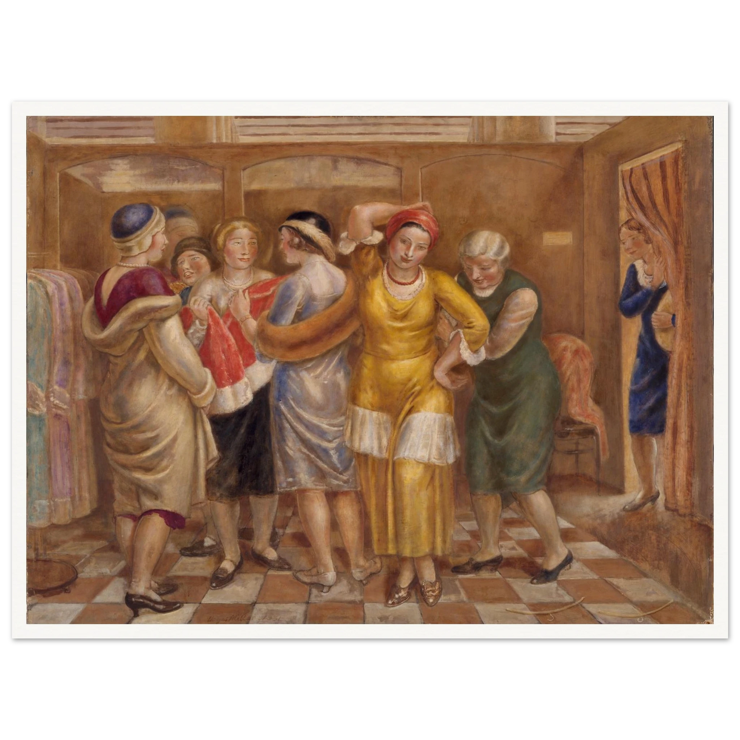 Women try on dresses in a fitting room with wooden stalls and a checkered floor