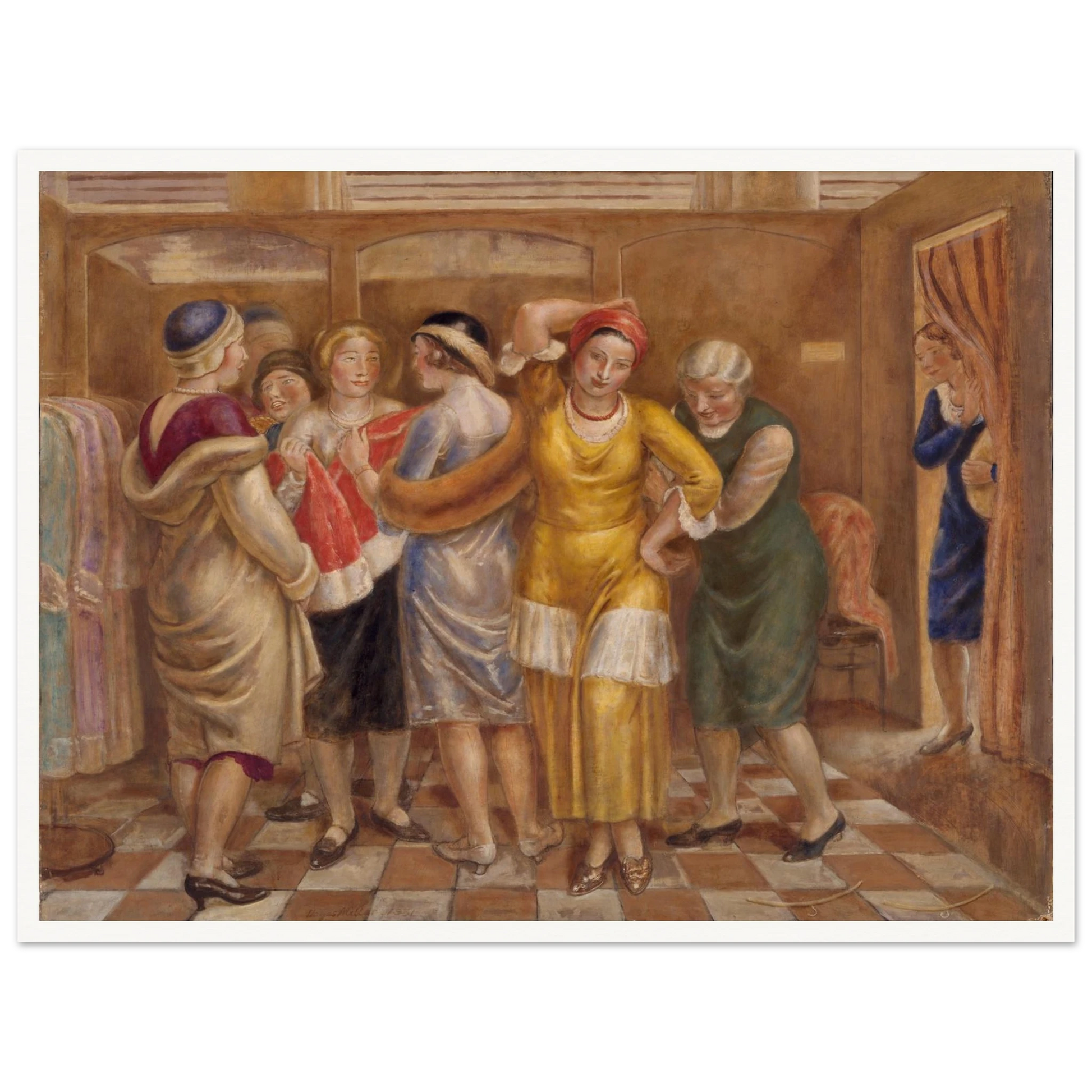 Women try on dresses in a fitting room with wooden stalls and a checkered floor