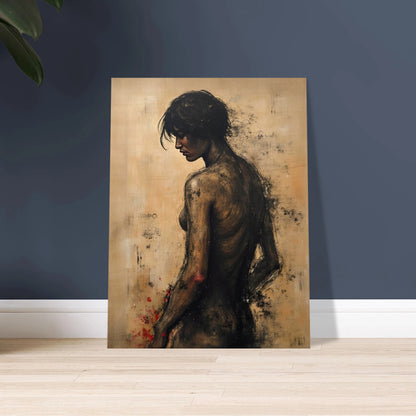 A somber portrait of a woman’s back in earthy tones, her figure turned in quiet reflection against a textured background.
