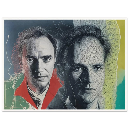 A surreal portrait featuring two faces of the same man, one with a vibrant red collar and the other interwoven with abstract lines.