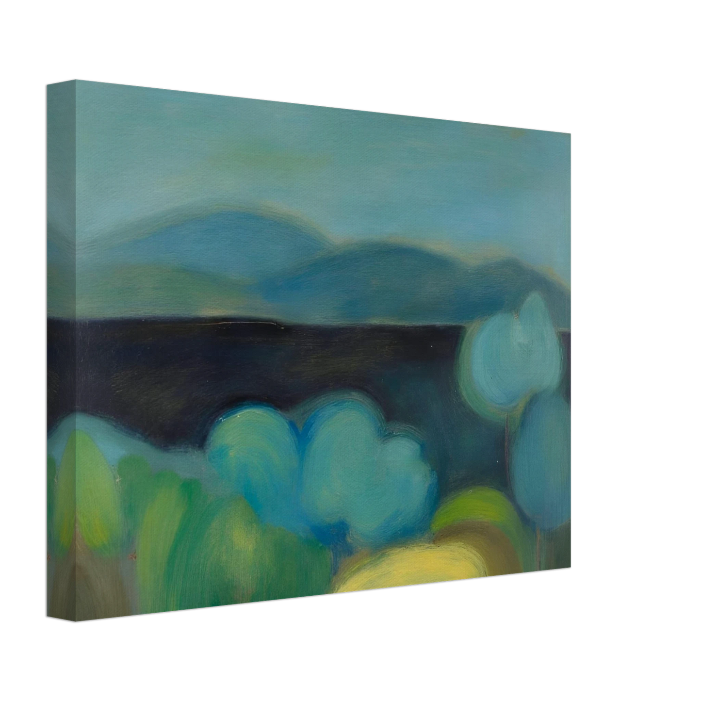Soft blue hills rise beyond rounded trees and lush fields, creating a tranquil landscape bathed in cool light.