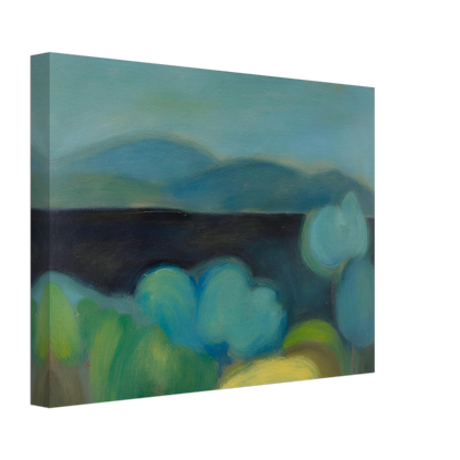 Soft blue hills rise beyond rounded trees and lush fields, creating a tranquil landscape bathed in cool light.