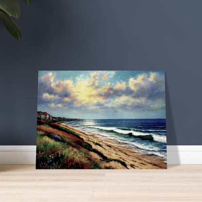 A serene painting of a beach at sunset, with gentle waves rolling onto the sand, vibrant grasses, and houses along the distant coastline.