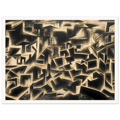 A cityscape emerges from fragmented geometric shapes, blending light and shadow in a monochrome palette with sepia undertones.