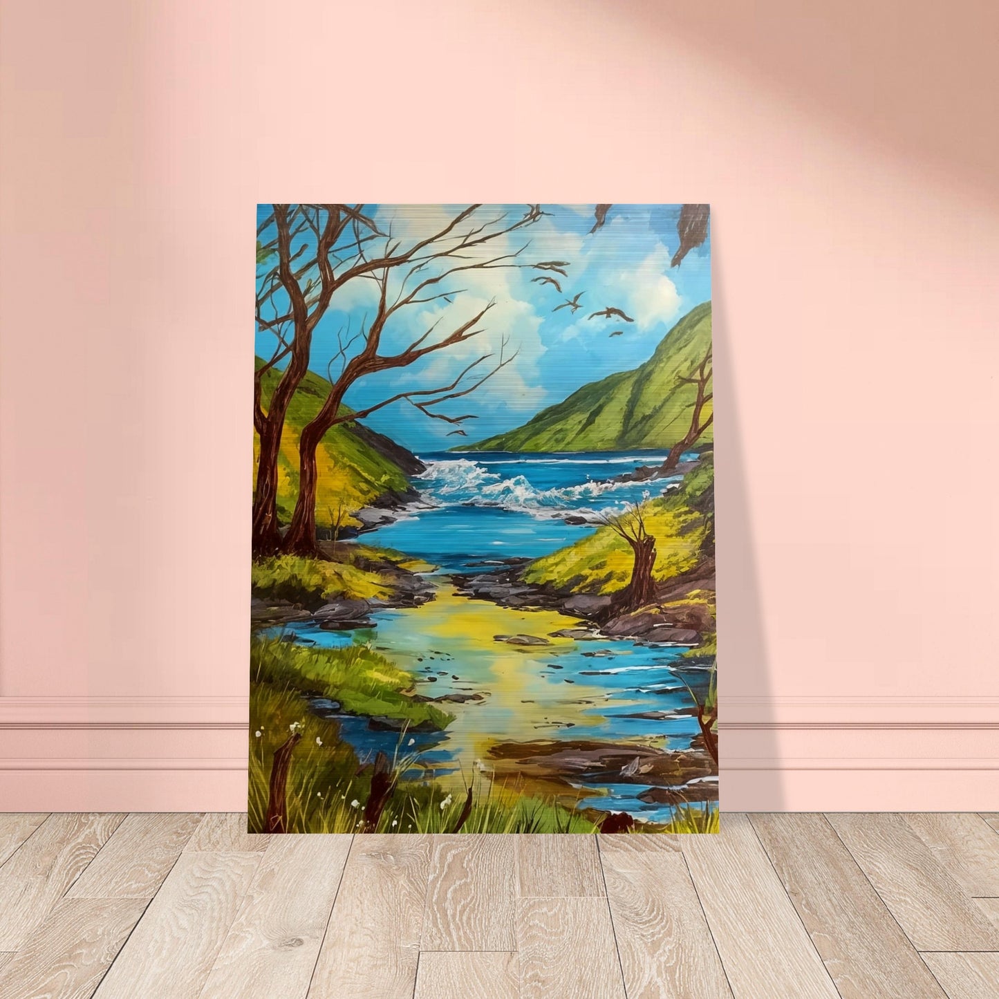 A serene landscape painting of a clear stream flowing through lush green hills, with birds flying in the blue sky and barren trees on the banks.