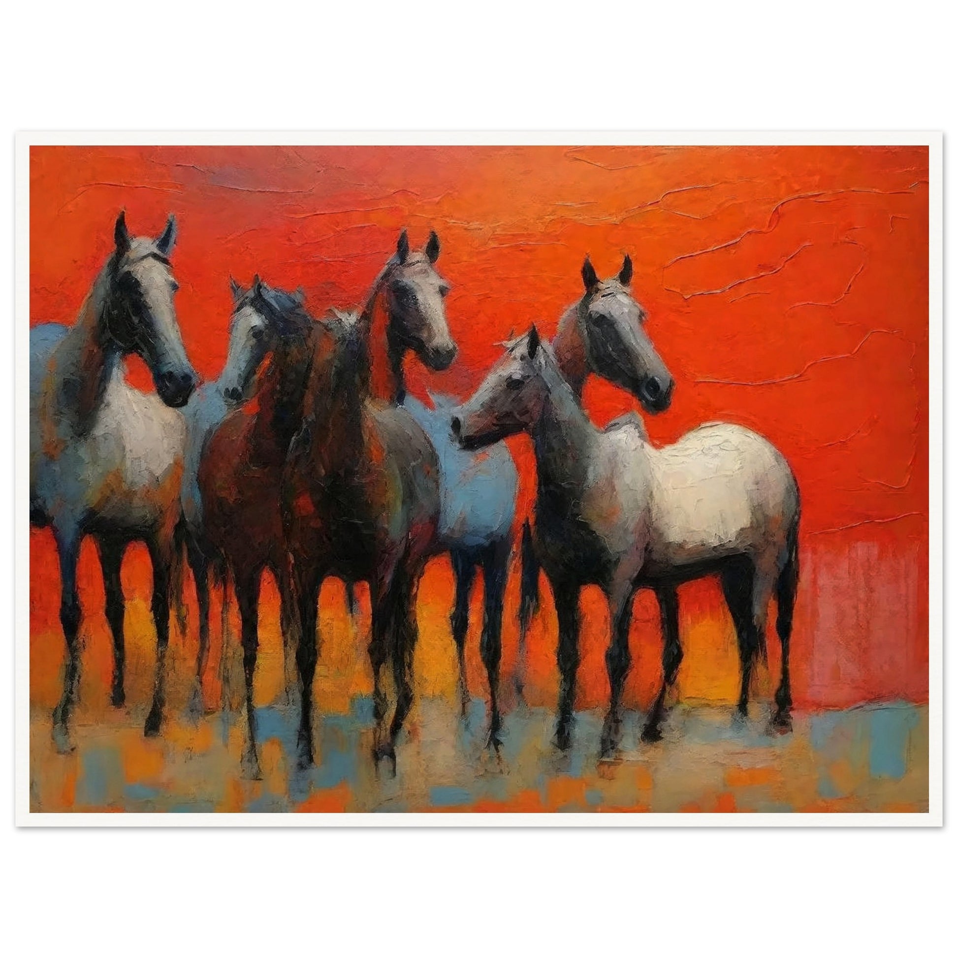 A stunning painting of a group of horses standing together against a vibrant red-orange background, showcasing their grace and strength.