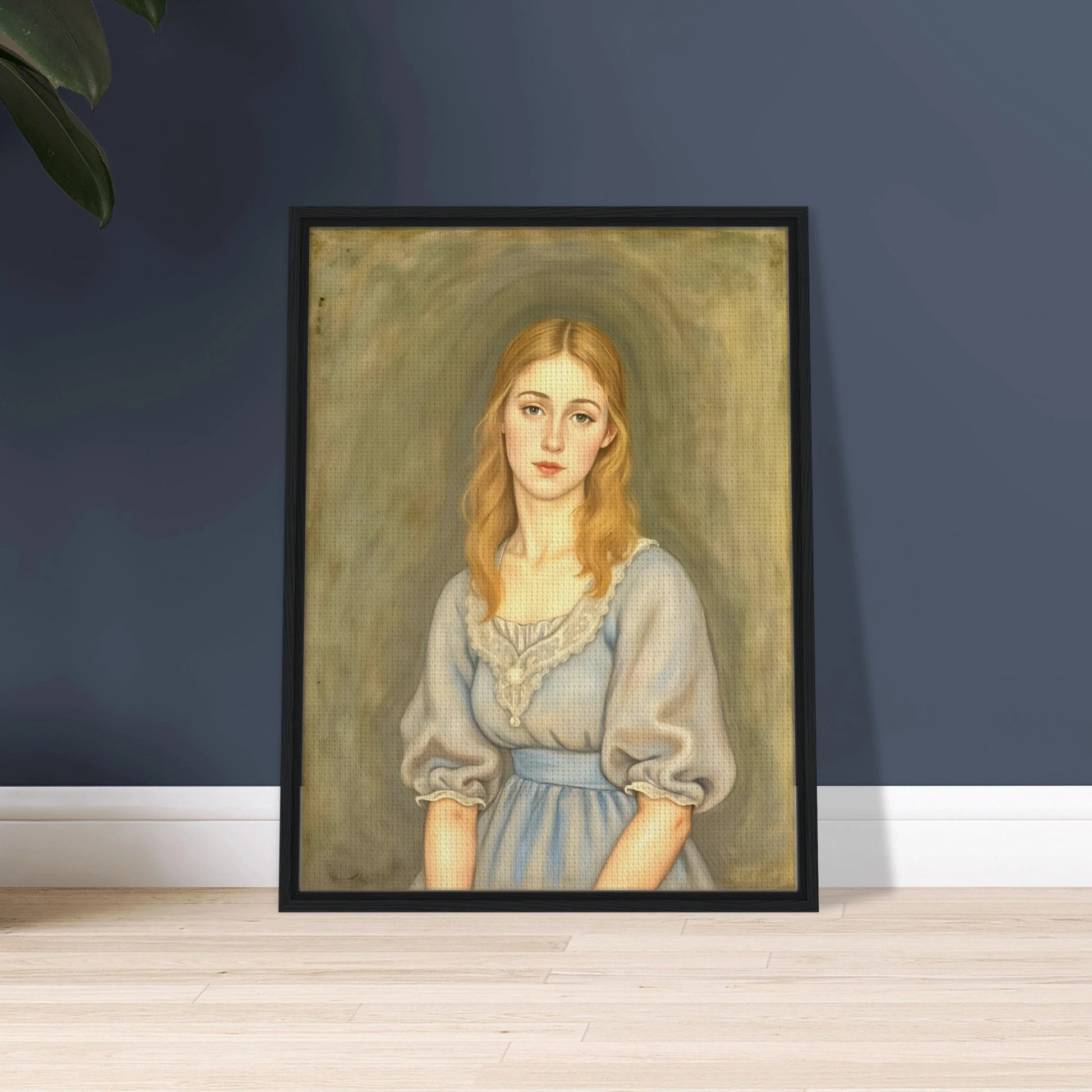 A serene young woman with flowing blonde hair and a pale blue dress gazes softly forward against a muted olive-toned background.