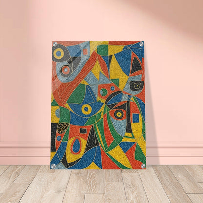 An abstract painting featuring a vibrant array of geometric shapes and colors, resembling a kaleidoscope.