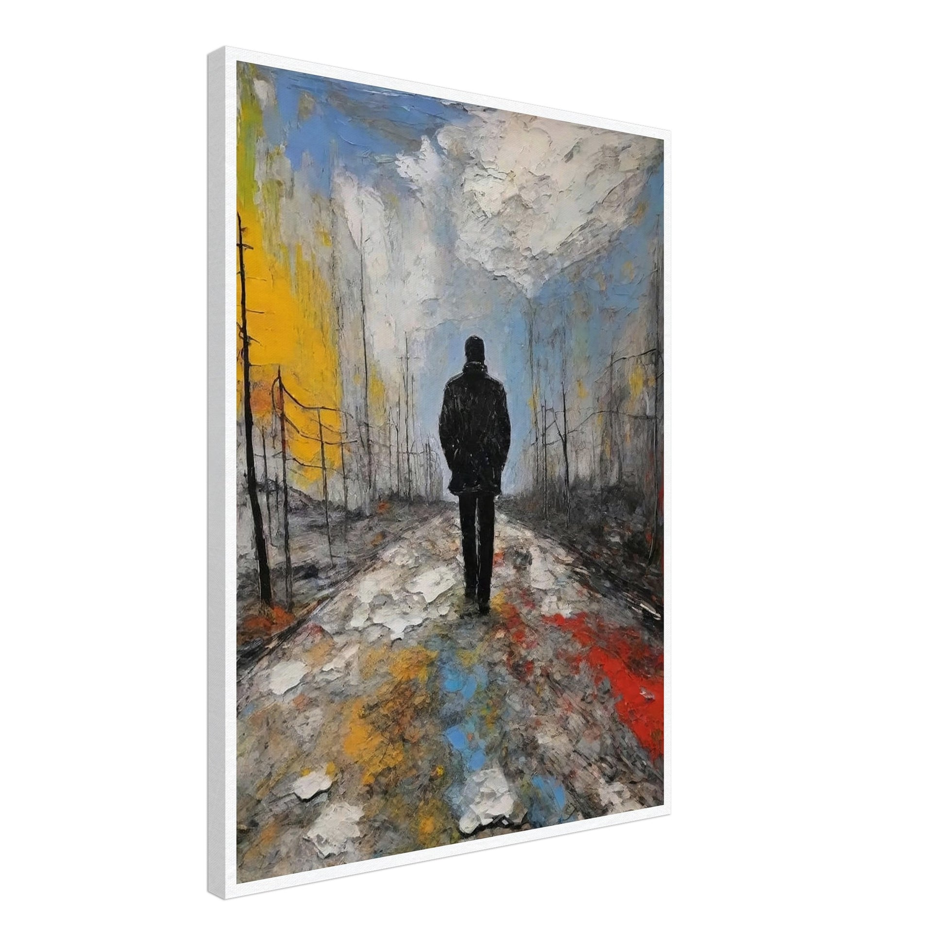 A lone figure in a dark coat walks along a desolate, colorful path under a cloudy sky, evoking a sense of solitude and reflection.