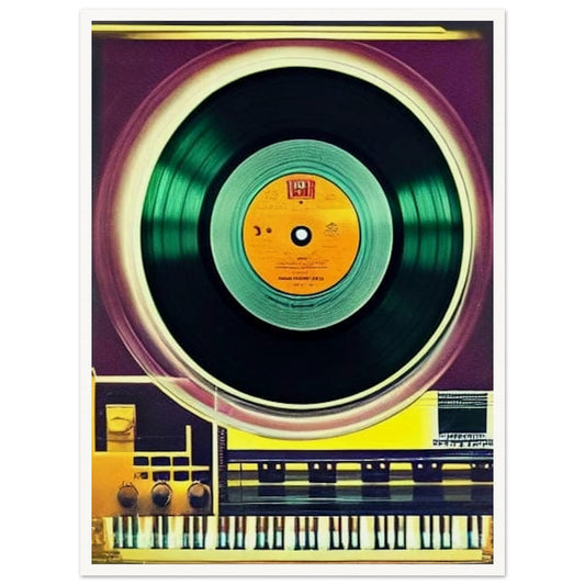 Colorful image of a vinyl record spinning on a retro turntable, evoking nostalgia and timeless music