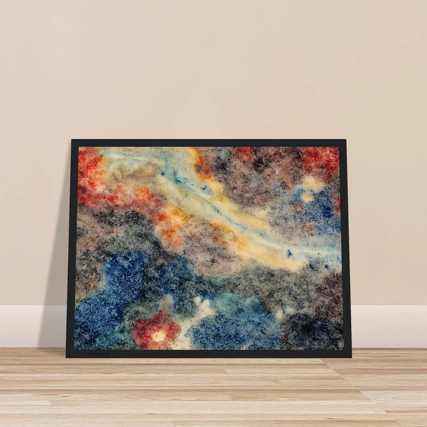 An abstract composition of swirling blue, gray, cream, and crimson textures resembling a distant nebula or galaxy, with organic patterns and flowing celestial forms.
