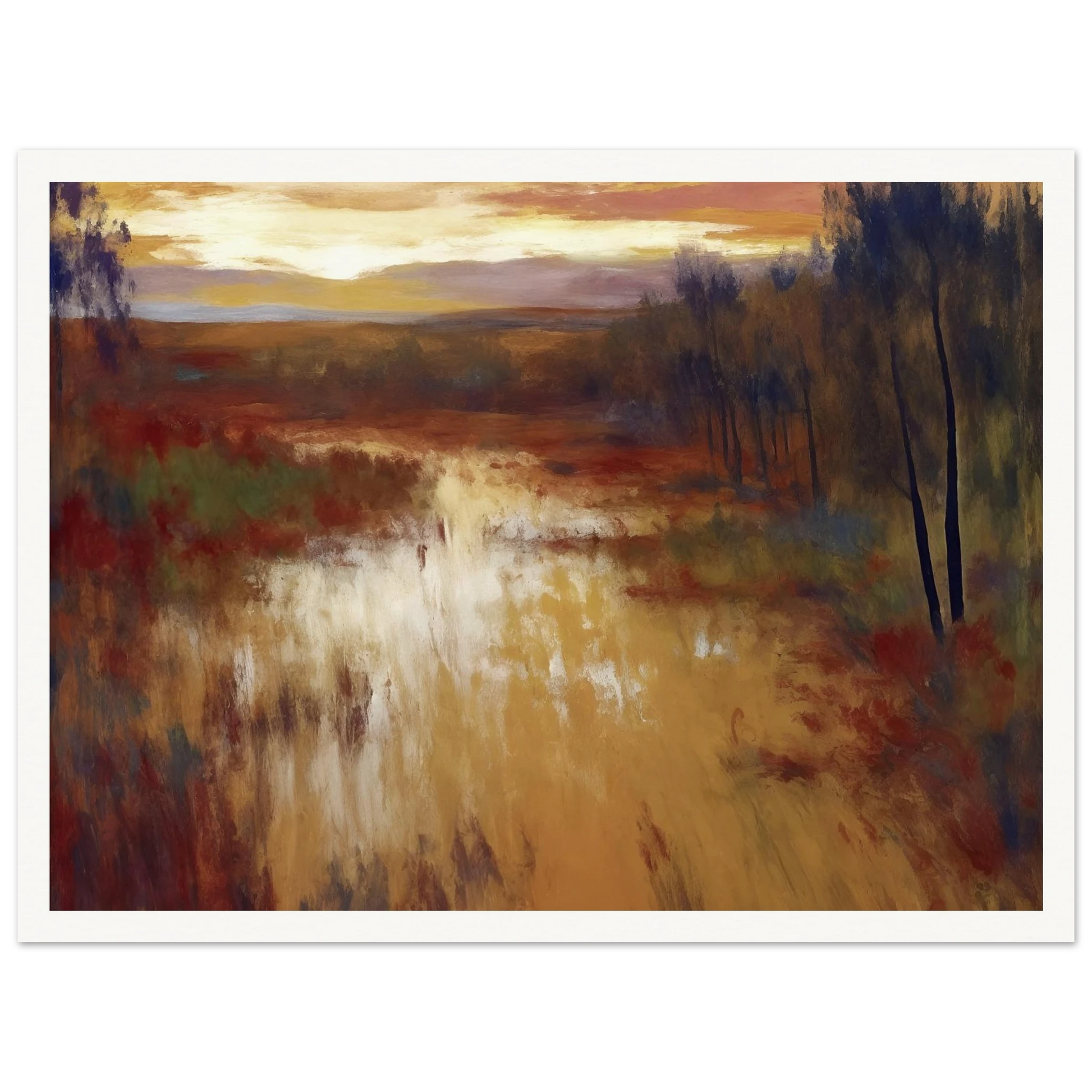 An atmospheric landscape painting depicting a calm marsh or river at sunset, with golden reflections on the water, autumn-toned grasses, and a line of slender trees beneath a glowing evening sky.