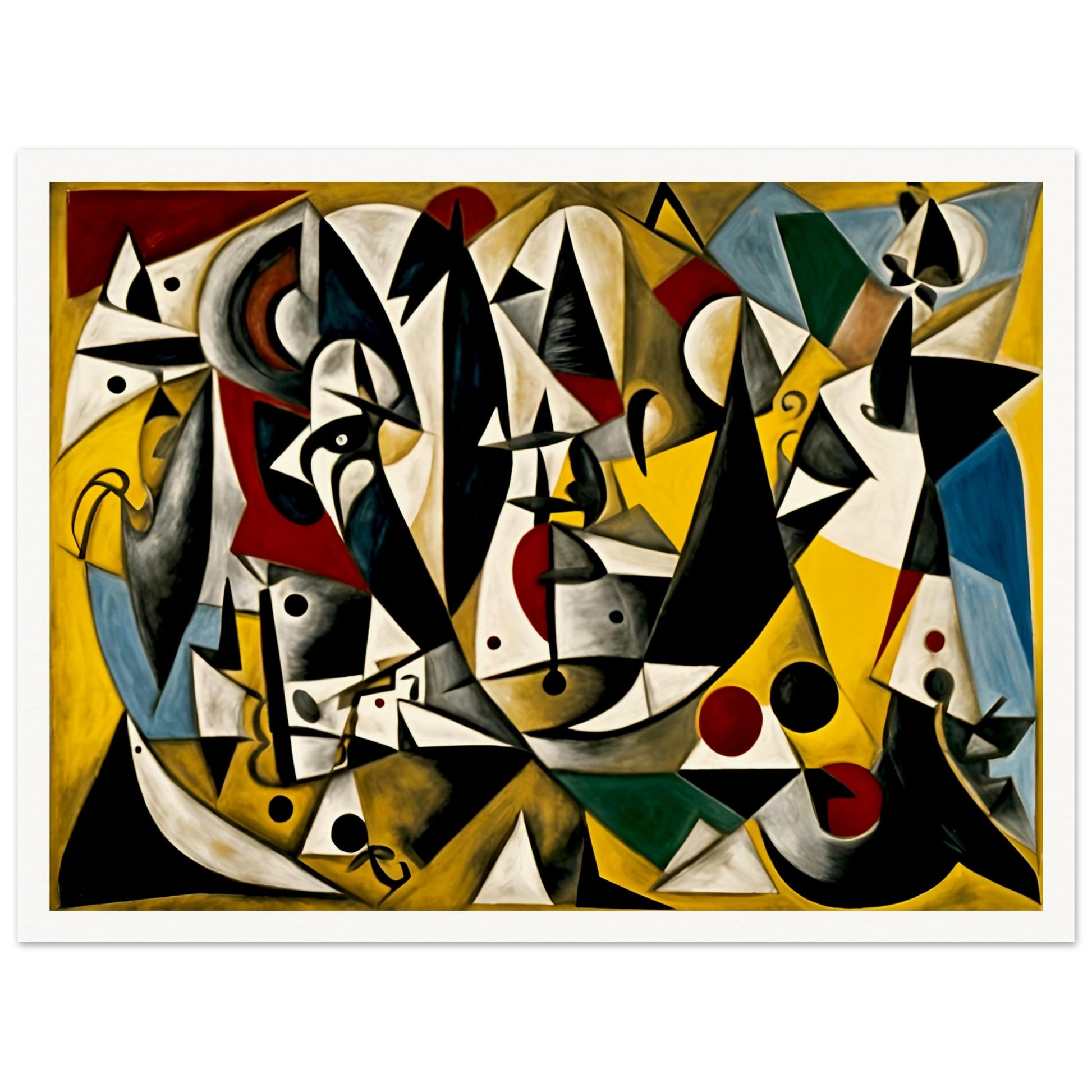 A vibrant geometric composition featuring sharp angles, abstract figures, and bold black, yellow, and red accents in a dynamic scene.