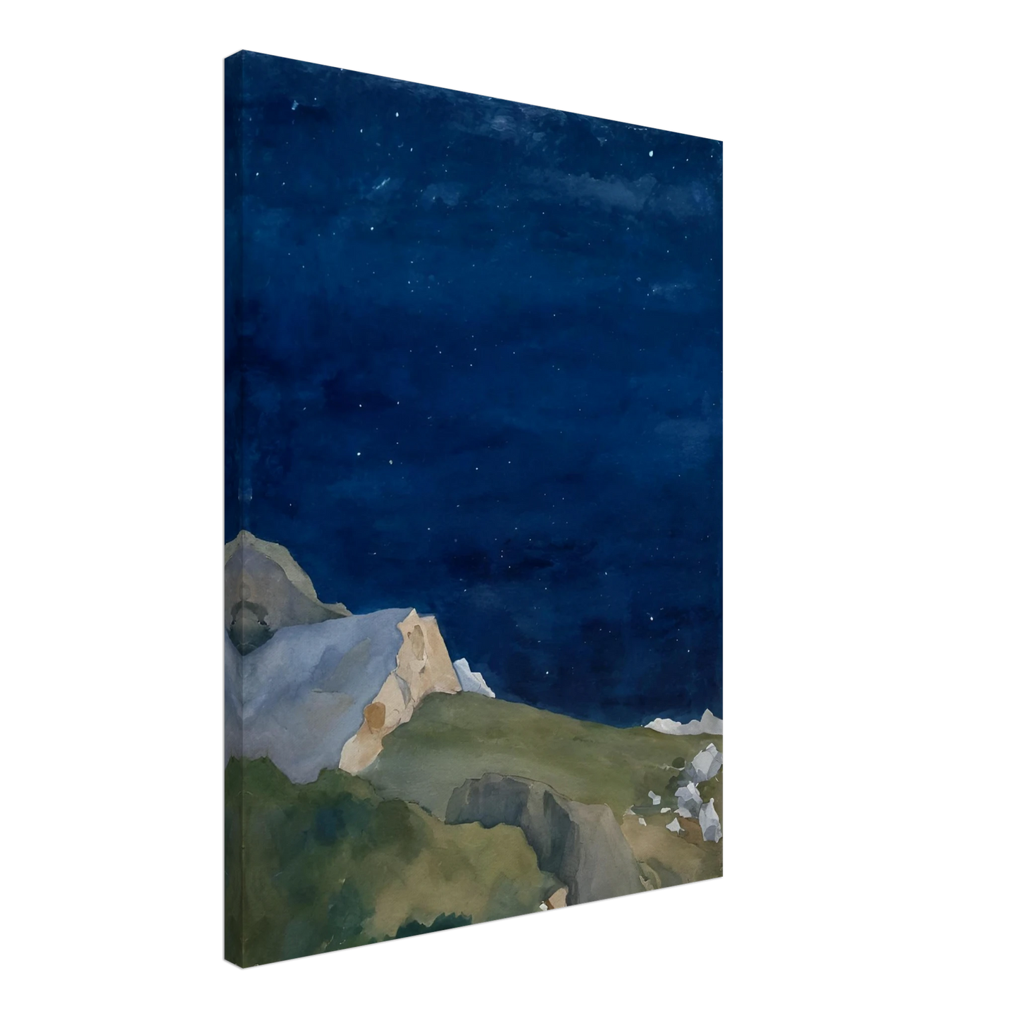 A tranquil night scene of rocky cliffs under a starlit indigo sky, evoking solitude and quiet wonder.
